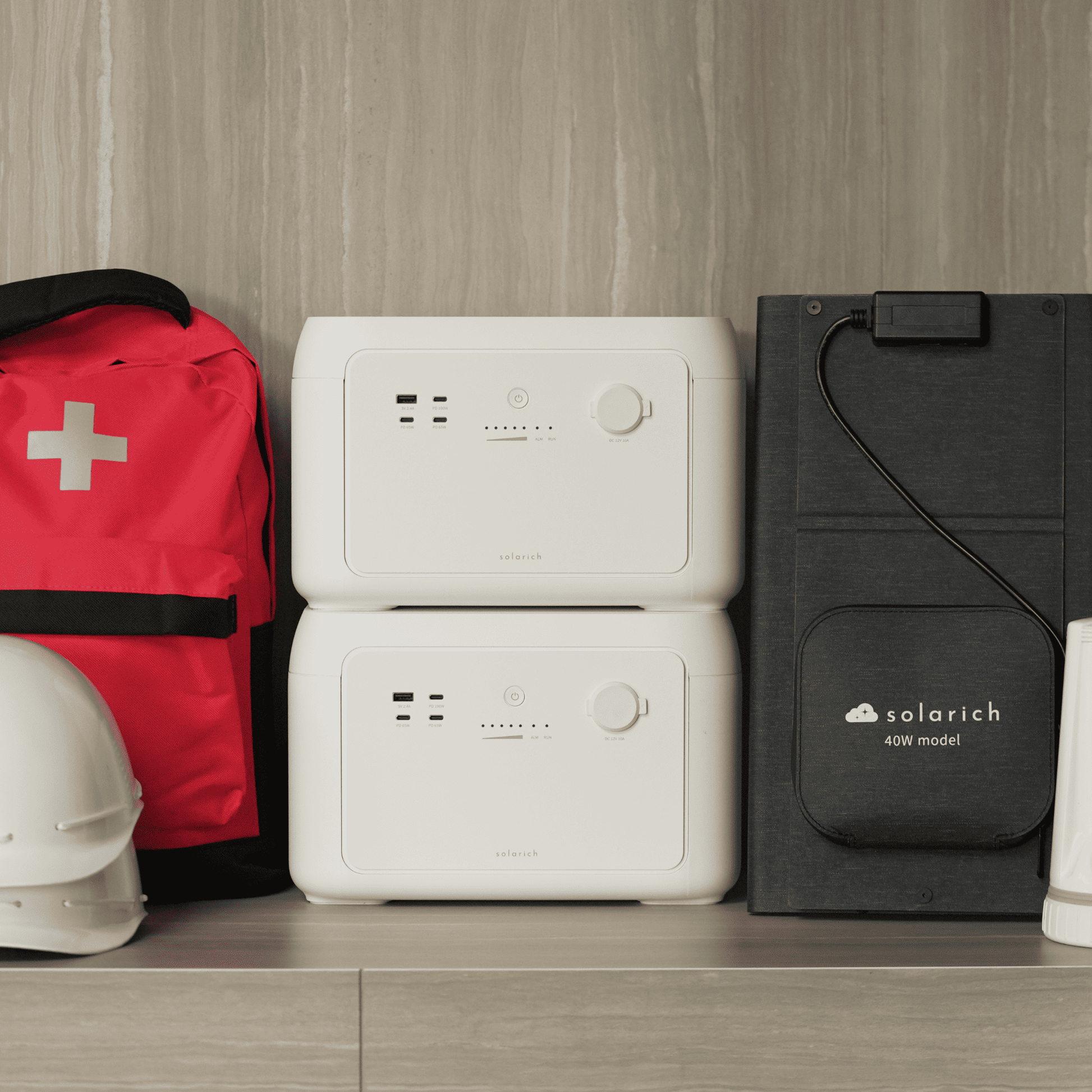 ホワイト 電源ボタン スライダー式 solarich 1000｜家庭用ポータブル電源&ソーラーパネル200W（セット